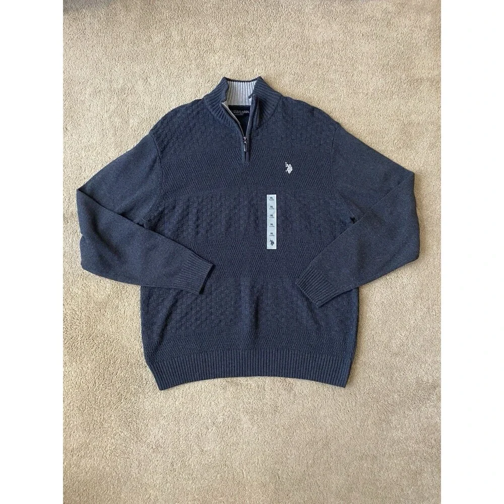 NWT U.S. Polo Assn. Men's Mixed Texture Quarter-Zip Sweater – Charcoal Gray XL